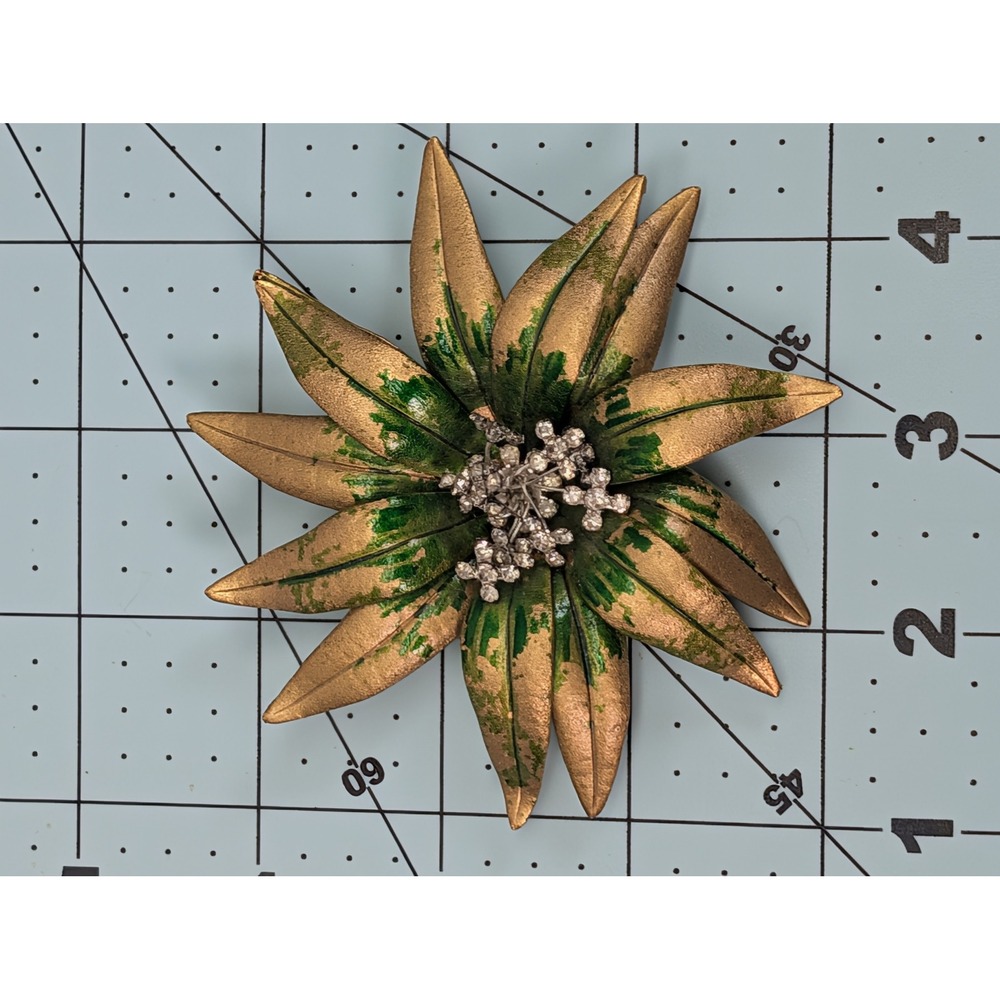 Vintage Gold Tone Green Enamel Layered Flower Brooch Rhinestone Center 3 Inch